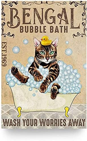 Para banheira gato de lata de lata de metal retro, Bengala Cat Bubble Bath Soop Fone Poster Vintage Basa