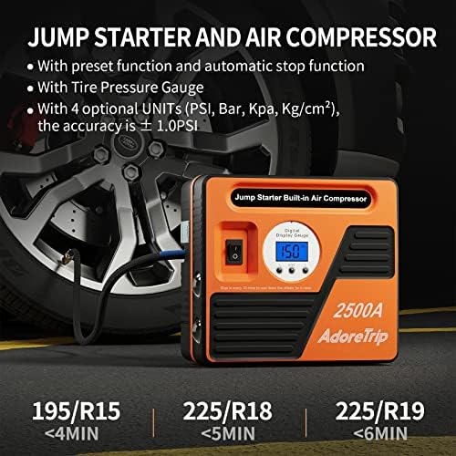 Jump Starter com compressor de ar, ADORETRIP 2500A 150PSI 24000MAH 12V, bateria de partida para carro