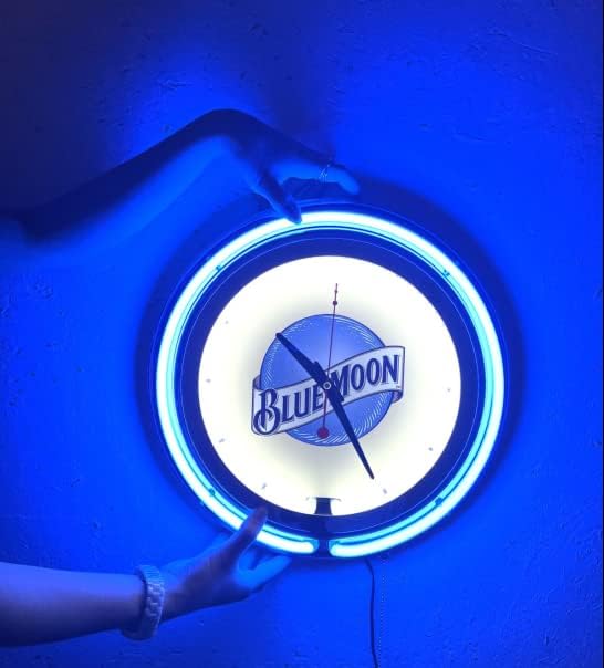 Lua azul Relógio de parede de neon de 15 polegadas, sinal de néon de cor brilhante Decoração de