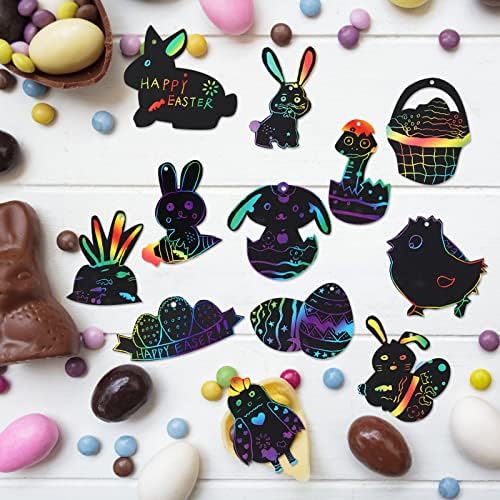Howaf 36 peças Pasta Scratch Art Cartões, Páscoa arco -íris papel de arranhão com padrões de bola de ovo de coelho
