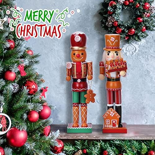 AULUDA 15 Nutcrackers decorativos de Natal, 2 homens de pão de gengibre, figuras artesanais de marionetes de madeira,