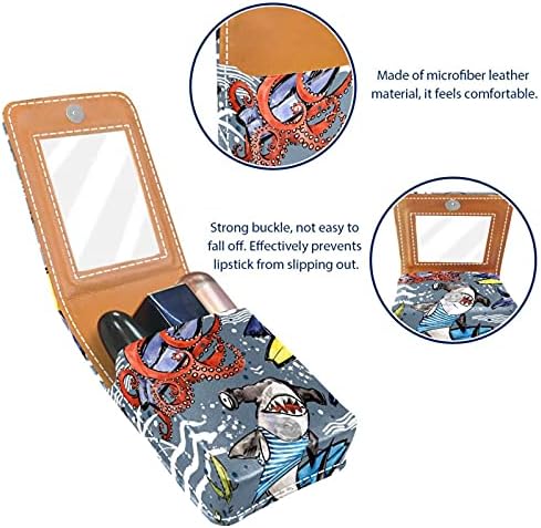 Caixa de batom de maquiagem portátil para viajar, tubarões fofos Octopus Crab Surfing Mini Lipstick Storage