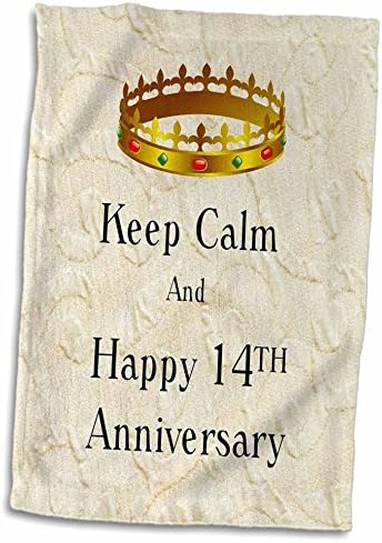 3d Rose Image of Keep Calm and Happy 14th Anniversary com toalha de mão Crown, 15 x 22