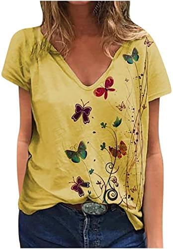 Camiseta casual de verão para mulheres coloridas borboletas camisetas impressas v pesco