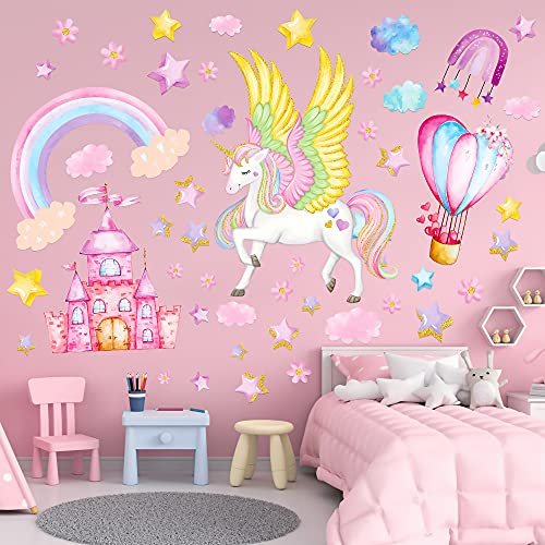 Decalques de parede de unicórnio para meninas quarto, adesivos de parede unicórnio com arco -íris, decoração