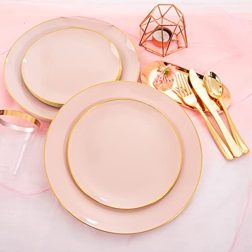 Liyh 180pcs Placas de plástico rosa e conjunto de utensílios de jantar de plástico dourado-Include 30 pratos