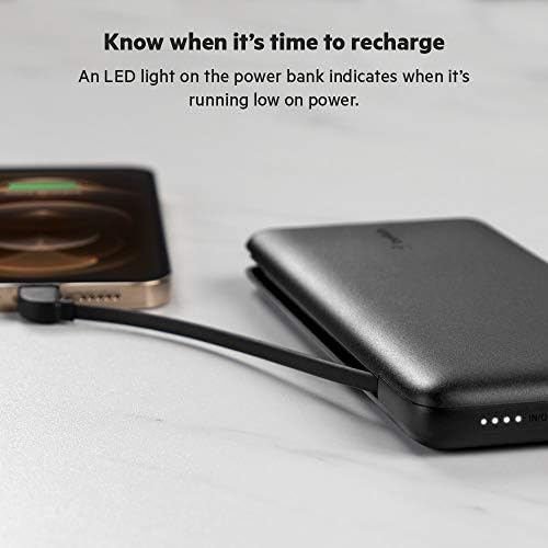Belkin BoostCharge Plus 10K Mah Power Bank com cabo de raios integrados e cabo USB C - carregador de iPhone - Carregador portátil da Battery - iPhone 14 Pro Max, iPhone 14, iPhone 13, iPhone 12 - Black