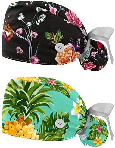 Capas de bouffant ajustáveis, 2 pacotes de chapéu de trabalho floral capa de cabelo com bolsa de rabo