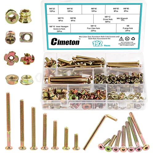 CIMETON 192pcs parafusos de hardware de berço kits com chave hexadecimal M4, M6 x 20/30/40/50/60/70/80mm