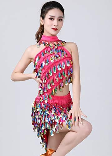 Feoya Feminino Latin Dance Dress Tasels de lantejoulas sem tiras de tira de rumba samba vestido 3 peças