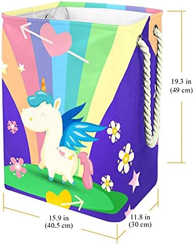 Little Happy fofo unicórnio com arco -íris grande cesto de lavanderia com alça de transporte fácil, cesto de