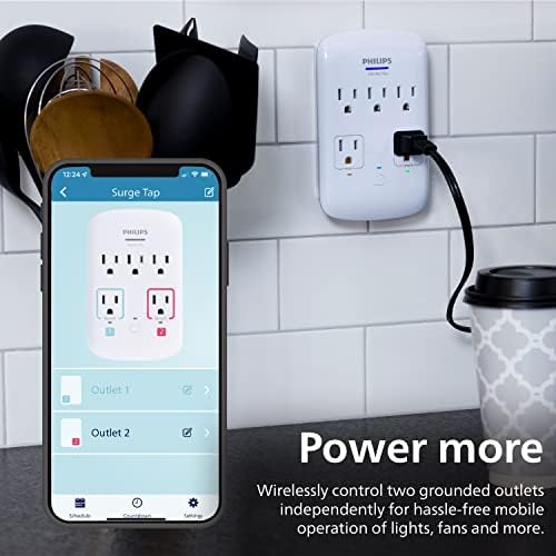 Philips 5-Outlet Extender Smart Surge Protector, Tap de parede, 2 lojas Wi-Fi Independentes, 3 Prong,