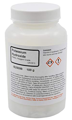 Pellet de hidróxido de potássio de grau de reagente, 100g - a coleção química com curadoria