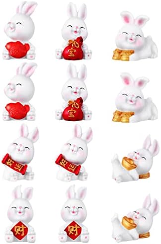 Zerodeko 12pcs Resina Bunny estatuetas, mascote chinês de ornamento de animais zodíaco lunar, coelhinhos