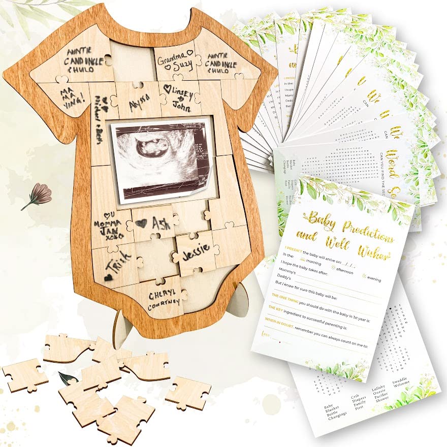 Alternativas do livro de convidados do chá de bebê, moldura de madeira de madeira e 25 cartas de jogo de previsão,