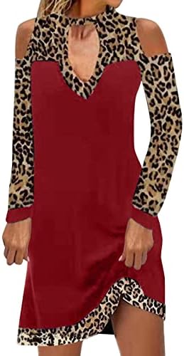 Vestido feminino nokmopo, painel de cores de leopardo casual fora do ombro de manga longa Vestido de festa maxi