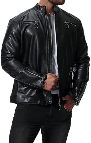 Jaqueta de couro falsa casual masculina Stand Stand Collar Retro Motorcycle Jacket Long Sleeve Zip