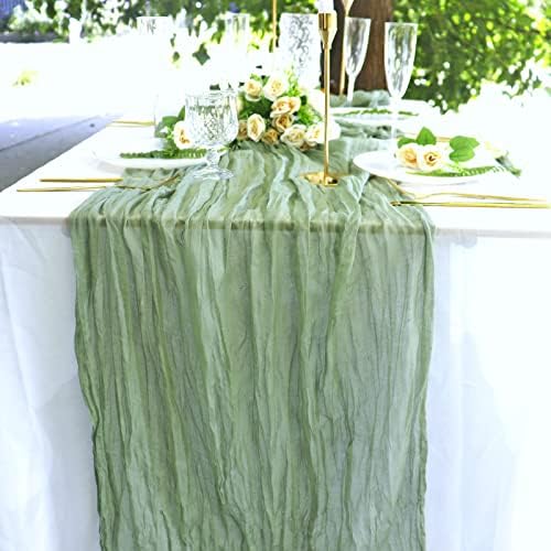 2 PCs 13,3 pés de sálvia Green Cheesecloth Table Runner, Galze Mandle Runner para Decoração de Casamento,