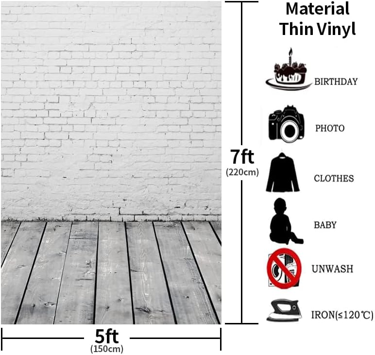 Yaoran 5x7ft Vinil White Brick Wall com piso de madeira cinza Fotografia fotográfica fotográfica