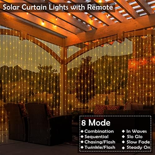 200 luzes solares de cortina solar Luzes de cordas de controle remoto ao ar livre 8 Modos Luzes de fada