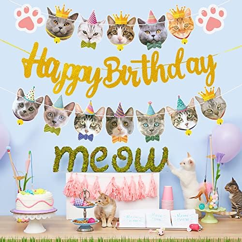 Cat Birthday Party Decoration Faces Banner Gold Glitter Banner Feliz Aniversário para MEOW Kitty Festa