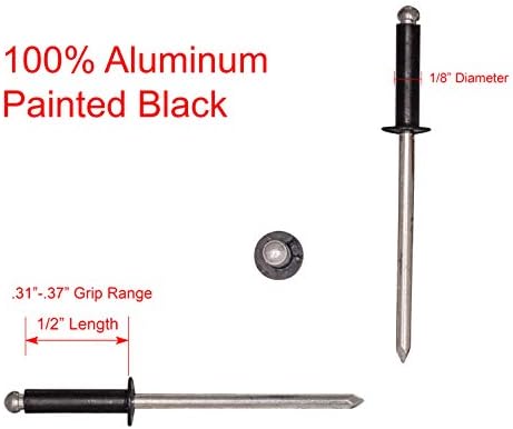 46 rebites de alumínio revestidos com alumínio preto 1/8 de diâmetro, alcance de aderência, todo o grau comercial