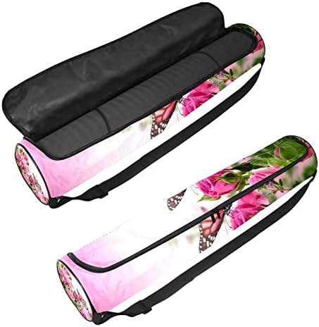 Bolsa de tapete de ioga, borboletas floresce lindas flores rosas exercícios ioga transportadora
