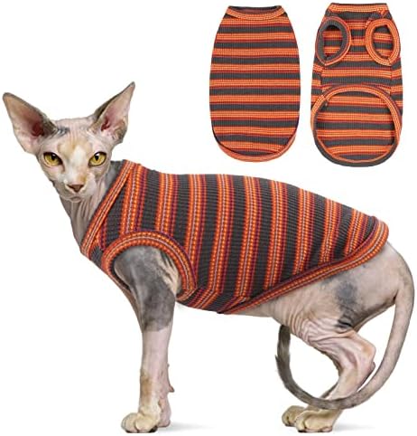 Roupas de gato Sphynx OUOBOB, camisas de gatos sem pêlos respiráveis, camisetas de gatinho com listras sem mangas,