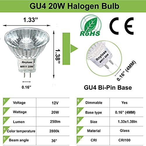 Ryloas GU4 Bulbo de halogênio, 3pcs GU4 MR11 12V 20W Dimmable com tampa de vidro, alta saída 250lm GU4