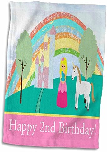 3drose princesa e unicórnio, árvores de castelo e arco -íris, feliz 2º aniversário - toalhas