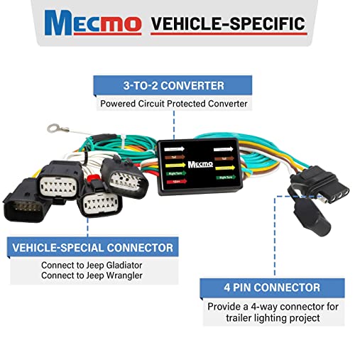 Mecmo 4 Way Flat Extension Cord com arnês de fiação de reboque de 4 pinos para 2018-2023 Jeep Wrangler
