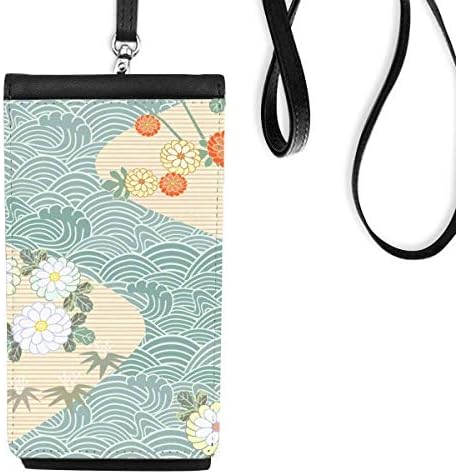 Flores folhas ondas padrão Japão bolsa de carteira de telefone Japão pendurado bolsa móvel bolso preto