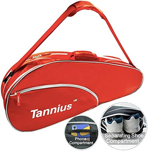 Bolsa de tênis de raquete de Tannius 3, com compartimento de sapatos e telefone e almofada de proteção,