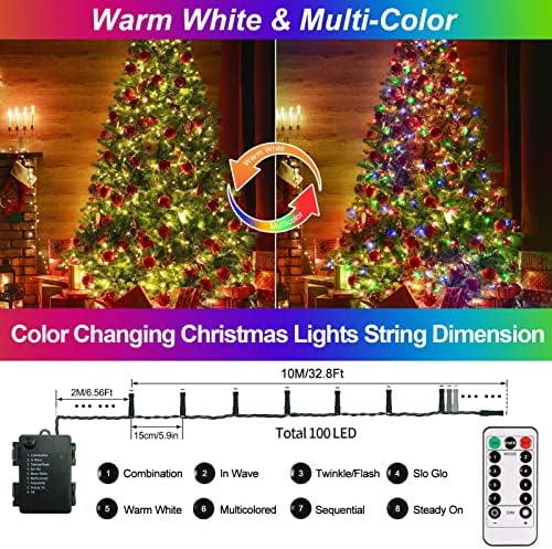100 luzes de cordas de Natal LEDs operadas por bateria, luzes de fada de dupla cor, arame verde