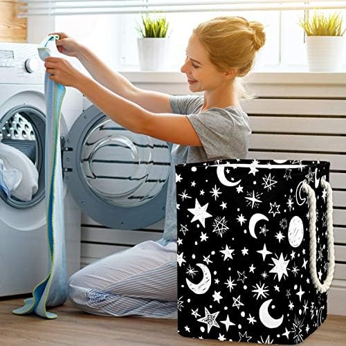 Lavanderia cesto preto lua branca estrelas design cesta de armazenamento de lavanderia dobrável com alças suportes