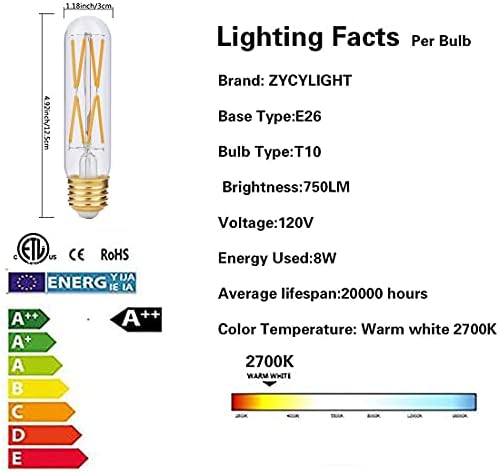 Bulbo T10 LED, lâmpadas tubulares LED de 8W, de 75 a 85 watts equivalente a lâmpada, 850lm, vidro transparente,