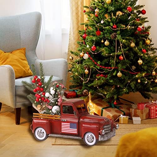Decoração de Natal do caminhão vermelho vintage, plantador de caminhões de metal de fazenda, armazenamento decorativo