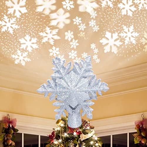 Treça de Natal Topper Limpo de Flago de Snowflake Limpeiro Projector com LED rotativo, 3D Sliver Glitter Sliver