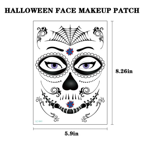 Halloween Tattoos temporário 8 folhas Face Tattoos Tattoos temporários adesivos brilham em adesivos de rosto