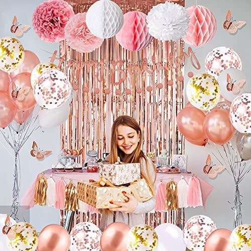 Decorações de festas de ouro rosa e rosa com banner de feliz aniversário, parede de borboleta, cortinas,
