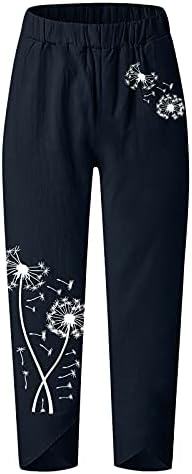 Calça de linho de algodão Womens Summer Summer Casual Capri -Pants com bolsos High Wistist