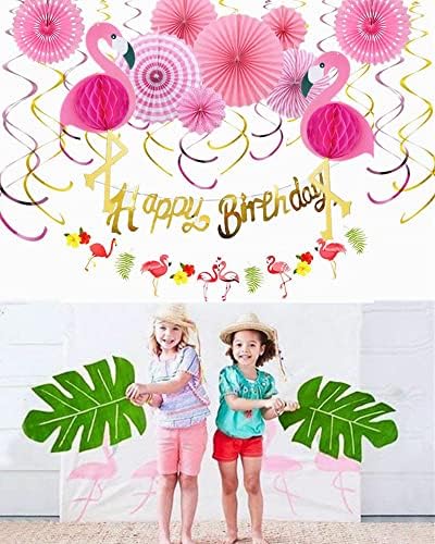 Decoração de festa de flamingo rosa tropical, decorações de redemoinho, fãs de papel pendurado, banner de aniversário