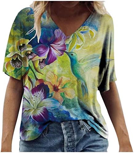 Tops femininos Summer v pescoço blusa camisetas de borboleta tops casuais com manga curta tops