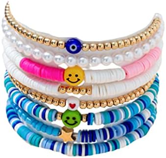 Pulseiras coloridas de argila colorida sorriso feliz olho maligno pulseira empilhável pulseira bohemia multicolor