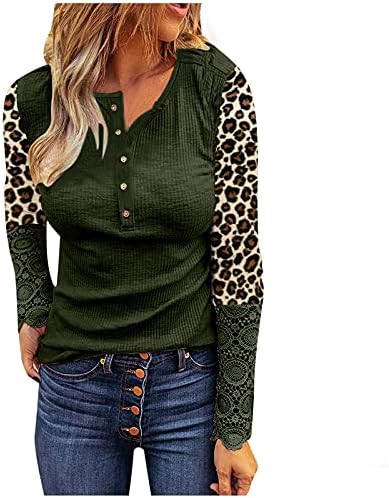 Pmmqrrkuu feminino leopardo bloco de bloco botão de camisa de henley camiseta com nervuras de