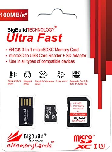 BigBuild Technology 64 GB Ultra Fast 100MB/S U3 MicroSDXC Card para Lenovo K10 Note/K10 Plus, K12