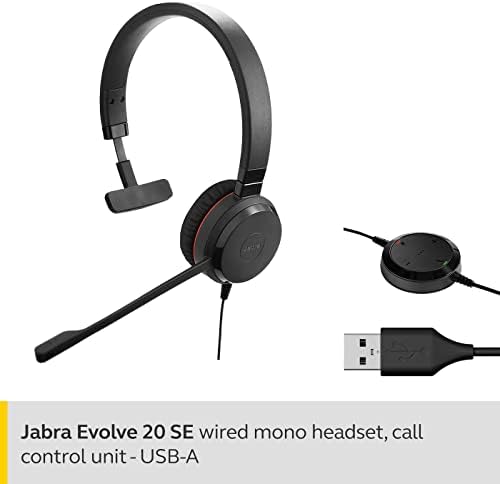 Jabra Evolve 20 SE MONO Headset-Microsoft Certified Headphones para Softphone VoIP com cancelamento de ruído passivo-cabo