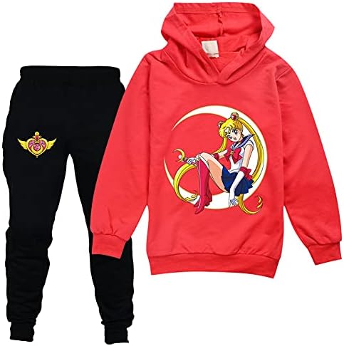 Leeorz Kids Sailor Moon Sorto de moletom fofo e calças de corrida 2 peças 2 peças Ternos de moletom casual