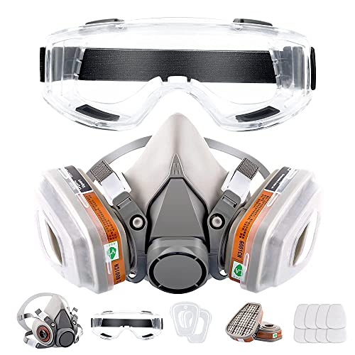 Respirador reutilizável Máscara de gás de capa de face com óculos de segurança, filtros para pintura,