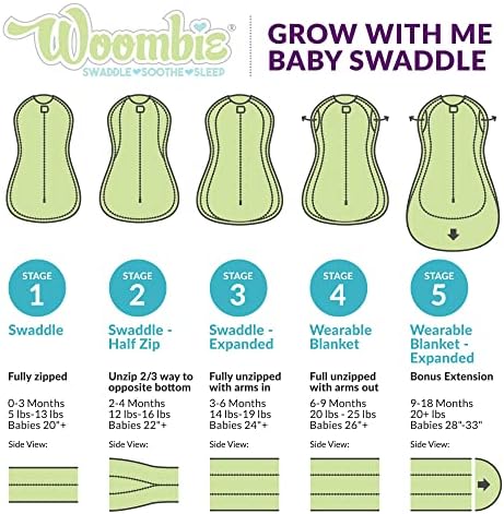 Woombie cresce comigo, baby swaddle, swaddle conversível se encaixa nos bebês de 0 a 9 meses, expande-se para cobertor
